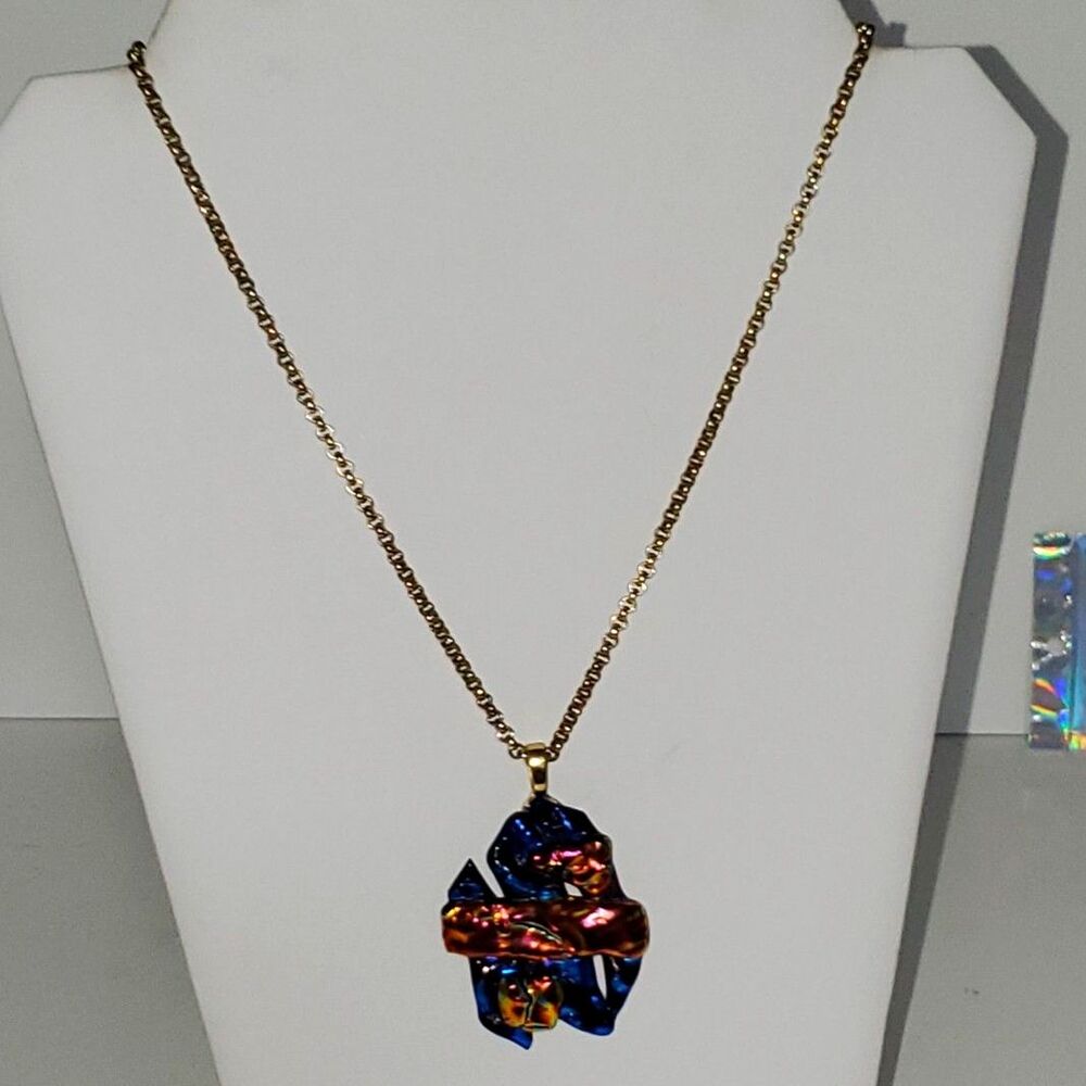 Artisan Dichroic Glass Pendant Gold Tone Vintage Chain Necklace Blue & Copper
